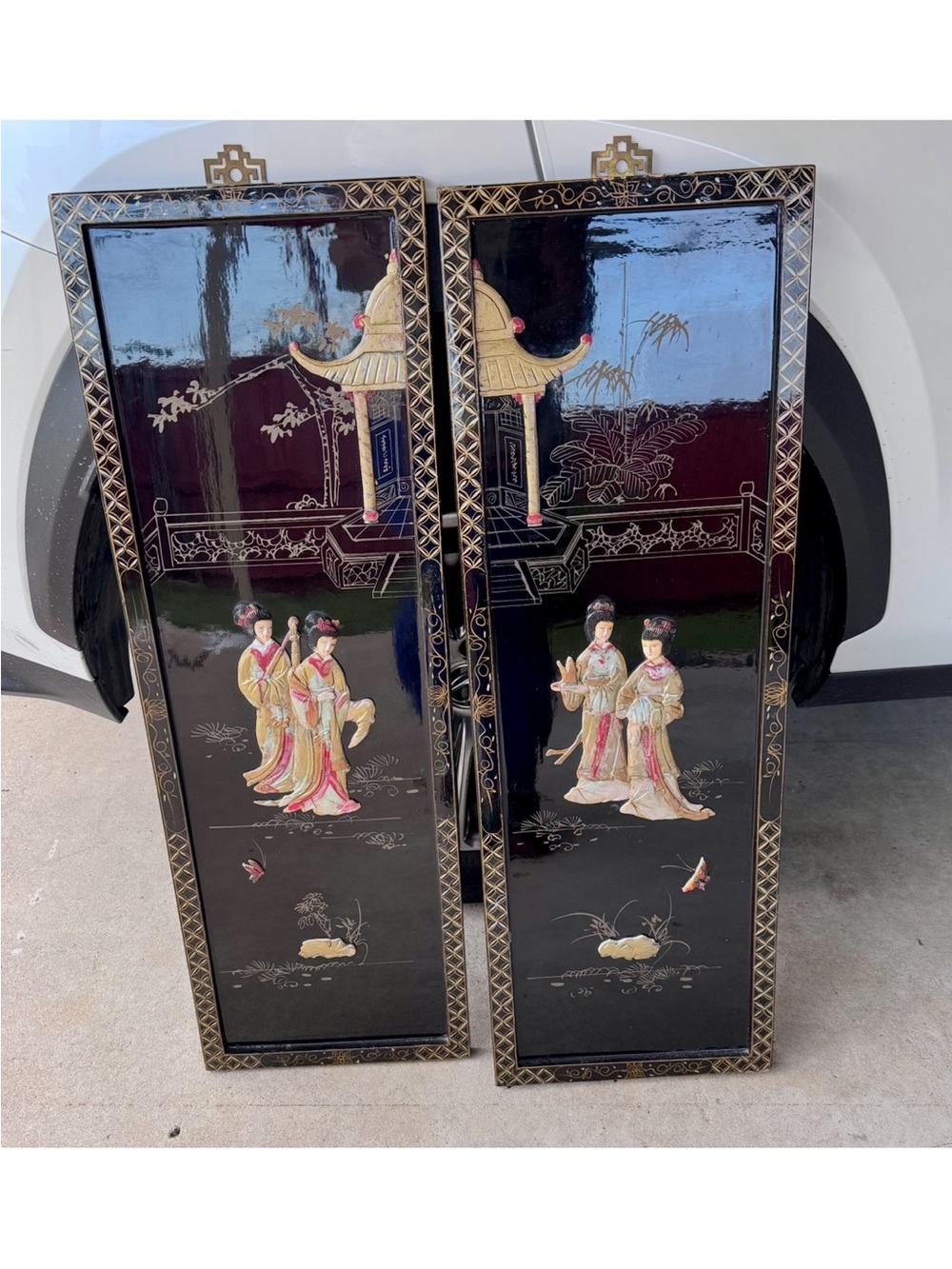 2 Vintage Asian Mother Of Pearl Soapstone Framed Art Wall Plaques | Black/Gold